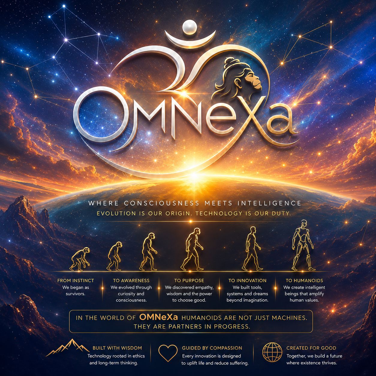 OMNeXa driver visual showing evolution from instinct to humanoids with consciousness and intelligence